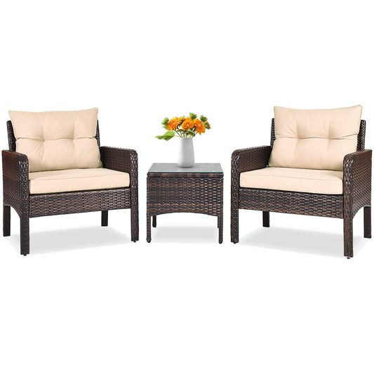3 Pieces Outdoor Patio Rattan Conversation Set with Seat Cushions, Beige - Gallery Canada