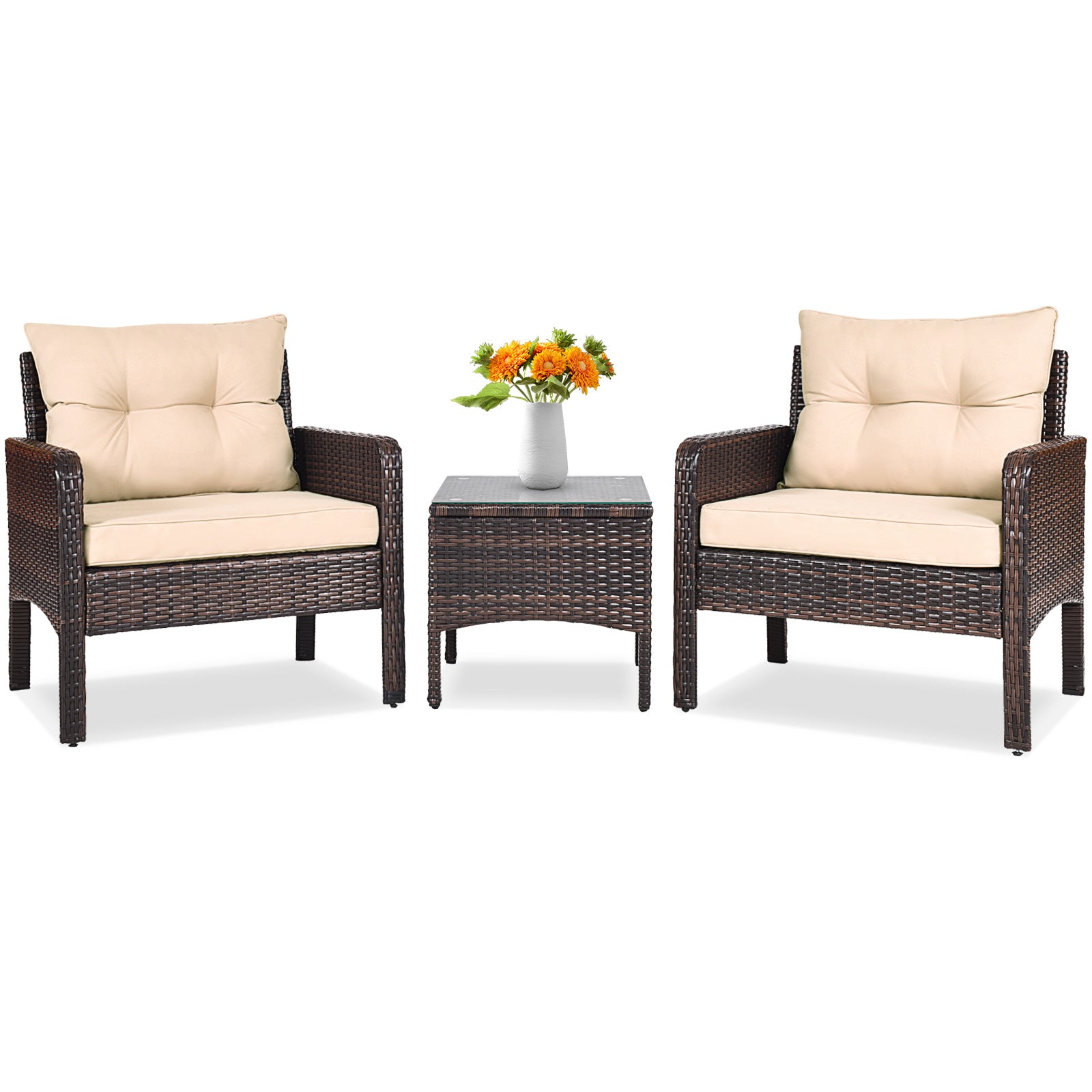 3 Pieces Outdoor Patio Rattan Conversation Set with Seat Cushions, Beige Patio Conversation Sets Beige at Gallery Canada