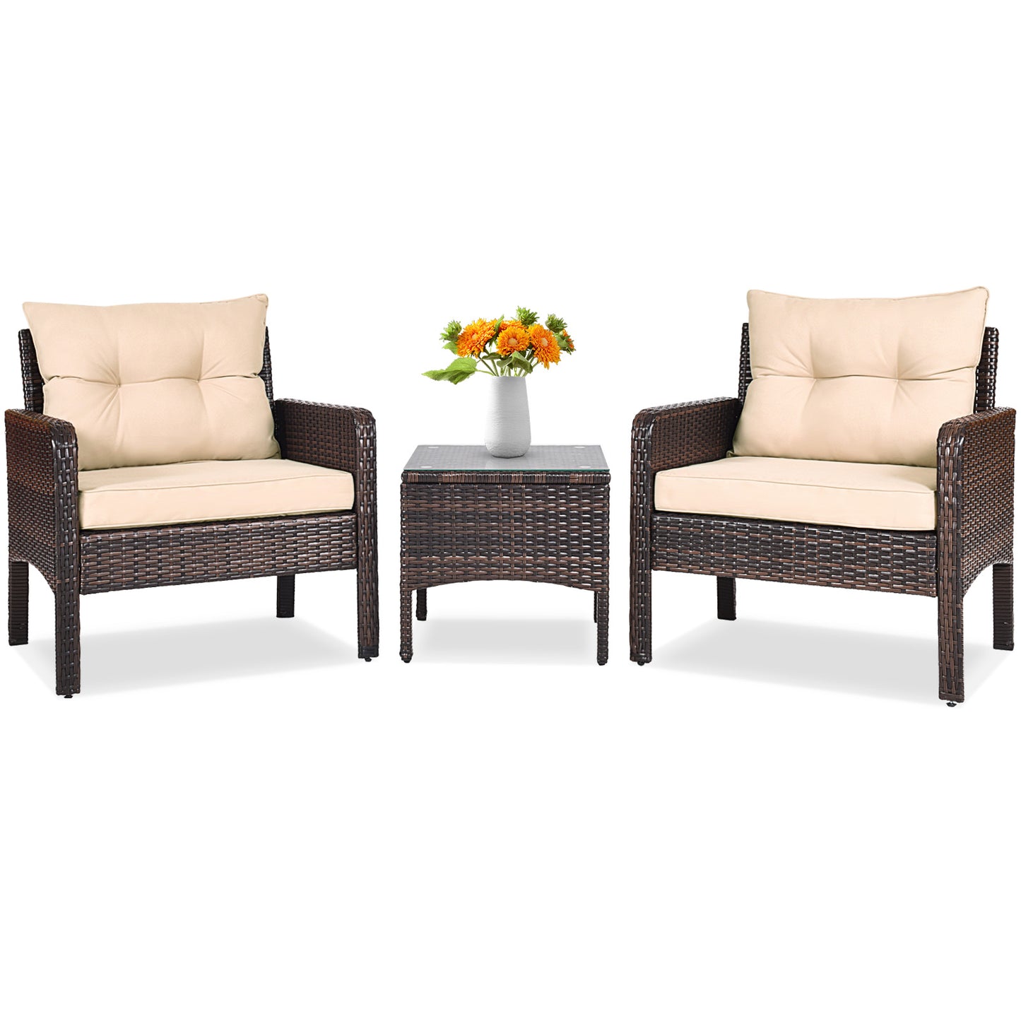 3 Pieces Outdoor Patio Rattan Conversation Set with Seat Cushions, Beige Patio Conversation Sets Beige at Gallery Canada