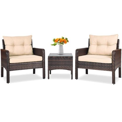 3 Pieces Outdoor Patio Rattan Conversation Set with Seat Cushions, Beige Patio Conversation Sets Beige at Gallery Canada