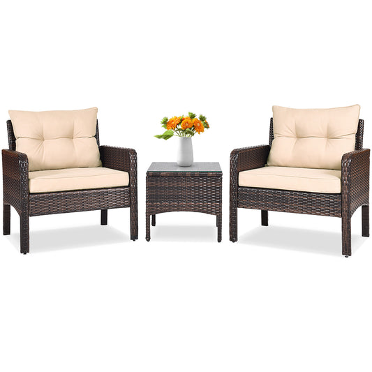 3 Pieces Outdoor Patio Rattan Conversation Set with Seat Cushions, Beige Patio Conversation Sets Beige at Gallery Canada