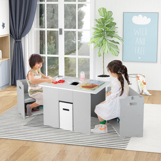 4-in-1 Kids Table and Chairs with Multiple Storage for Learning, Gray - Gallery Canada