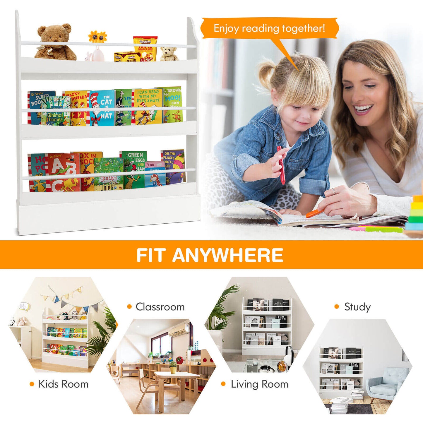 3-Tier Bookshelf with 2 Anti-Tipping Kits for Books and Magazines, White Kids Storage at Gallery Canada