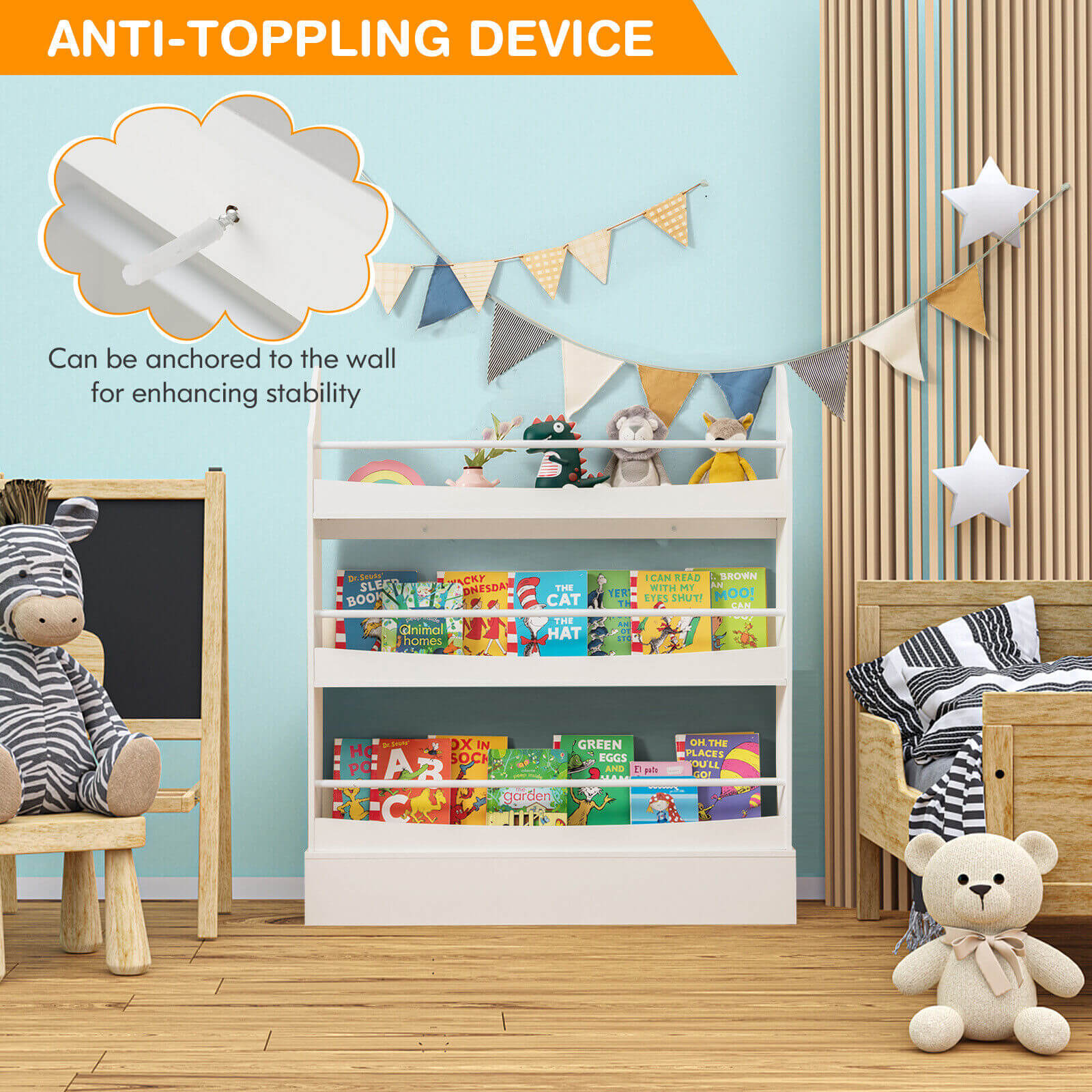 3-Tier Bookshelf with 2 Anti-Tipping Kits for Books and Magazines, White Kids Storage at Gallery Canada