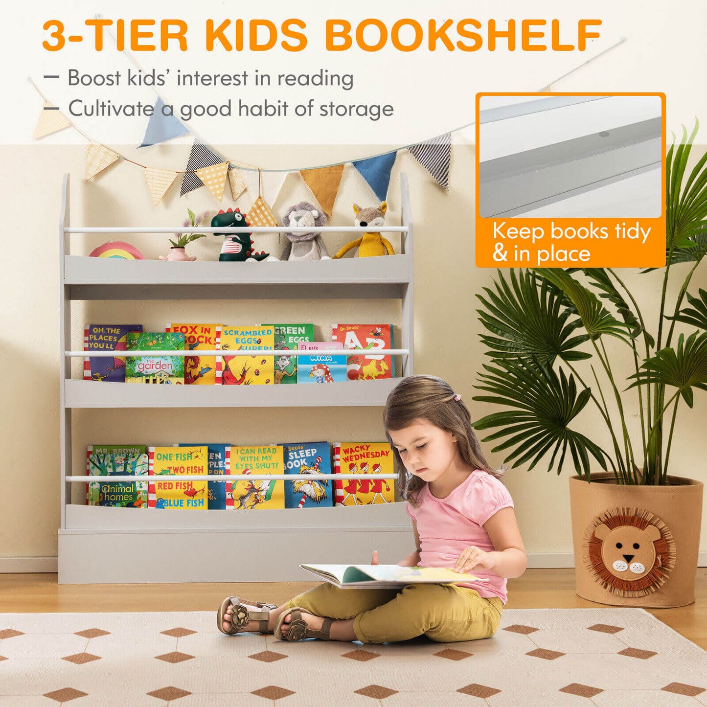 3-Tier Bookshelf with 2 Anti-Tipping Kits for Books and Magazines, Gray