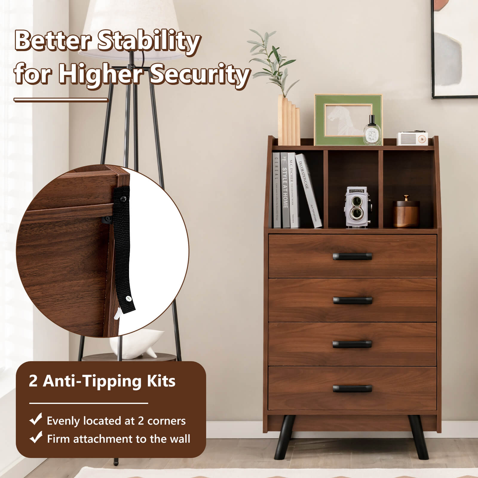 4-Drawer Dresser with 2 Anti-Tipping Kits for Bedroom, Walnut at Gallery Canada