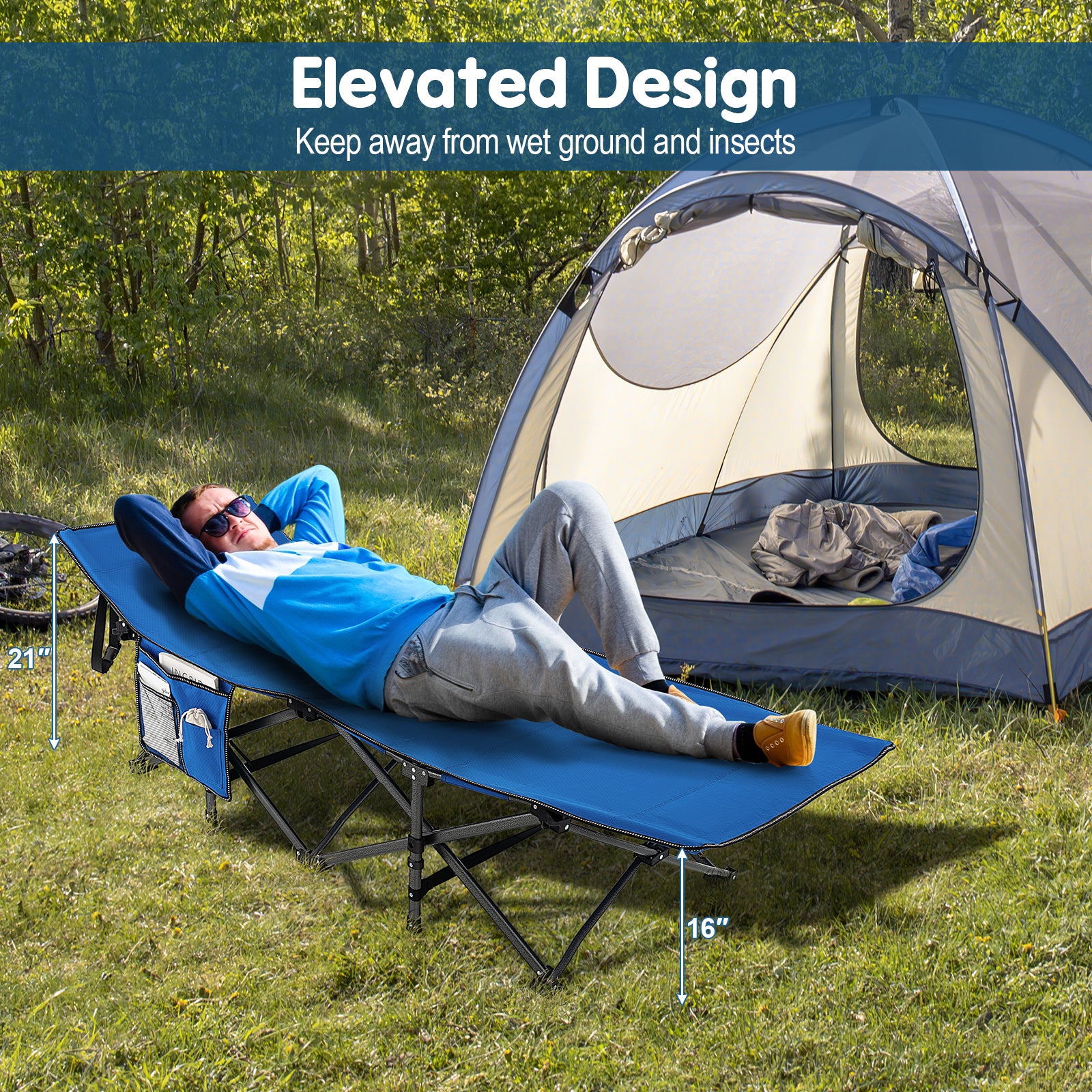 Wide Foldable Camping Cot with Carry Bag, Blue Camping Furniture at Gallery Canada