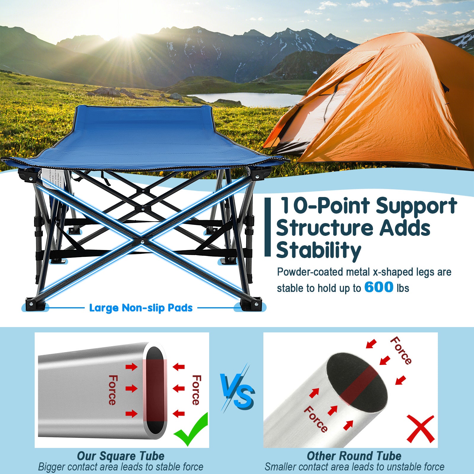 Wide Foldable Camping Cot with Carry Bag, Blue Camping Furniture at Gallery Canada