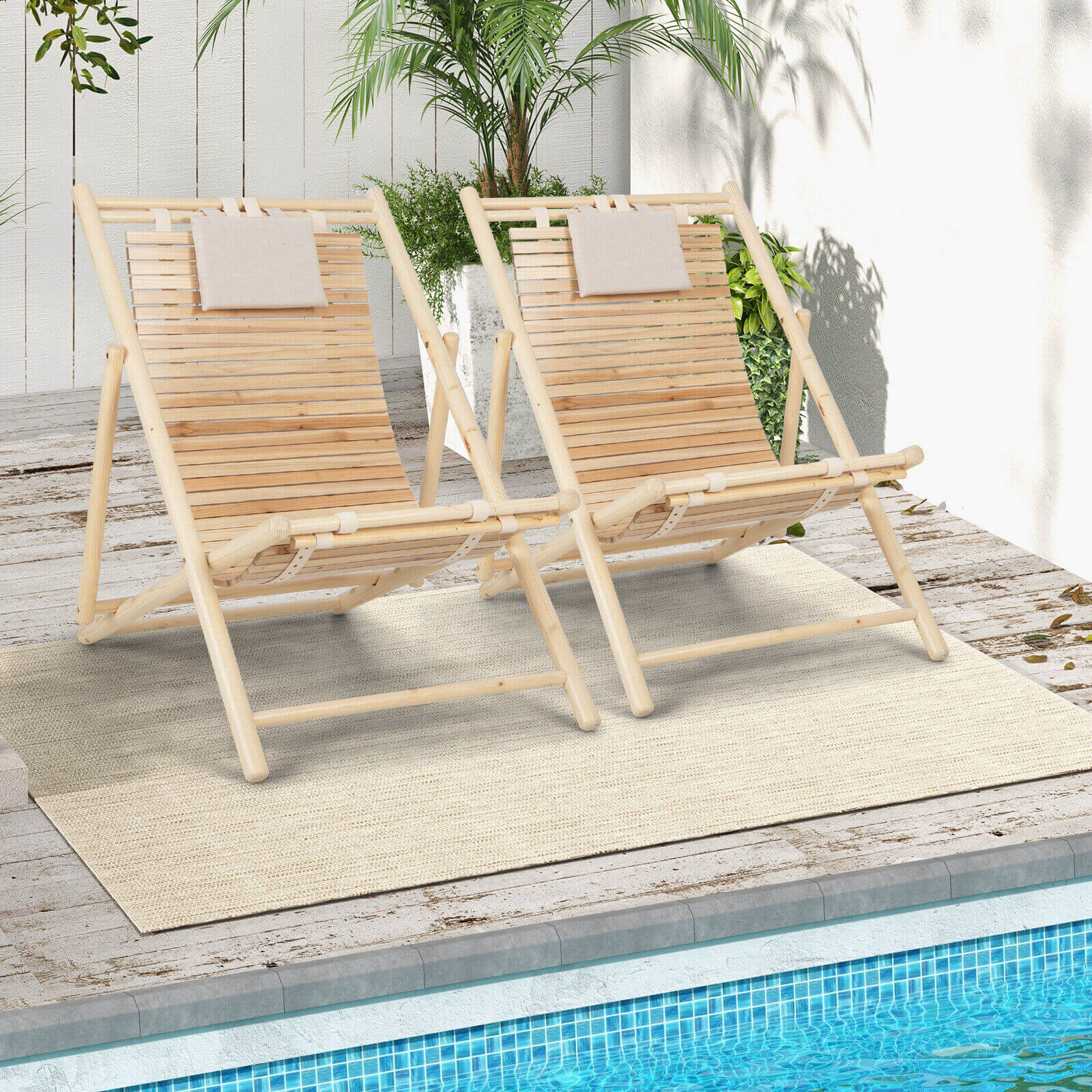 Solid Fir Wood Lounge Chair with 3-Level Adjustable Backrest and Soft Padded Headrest, Natural Outdoor Chaise Lounges at Gallery Canada