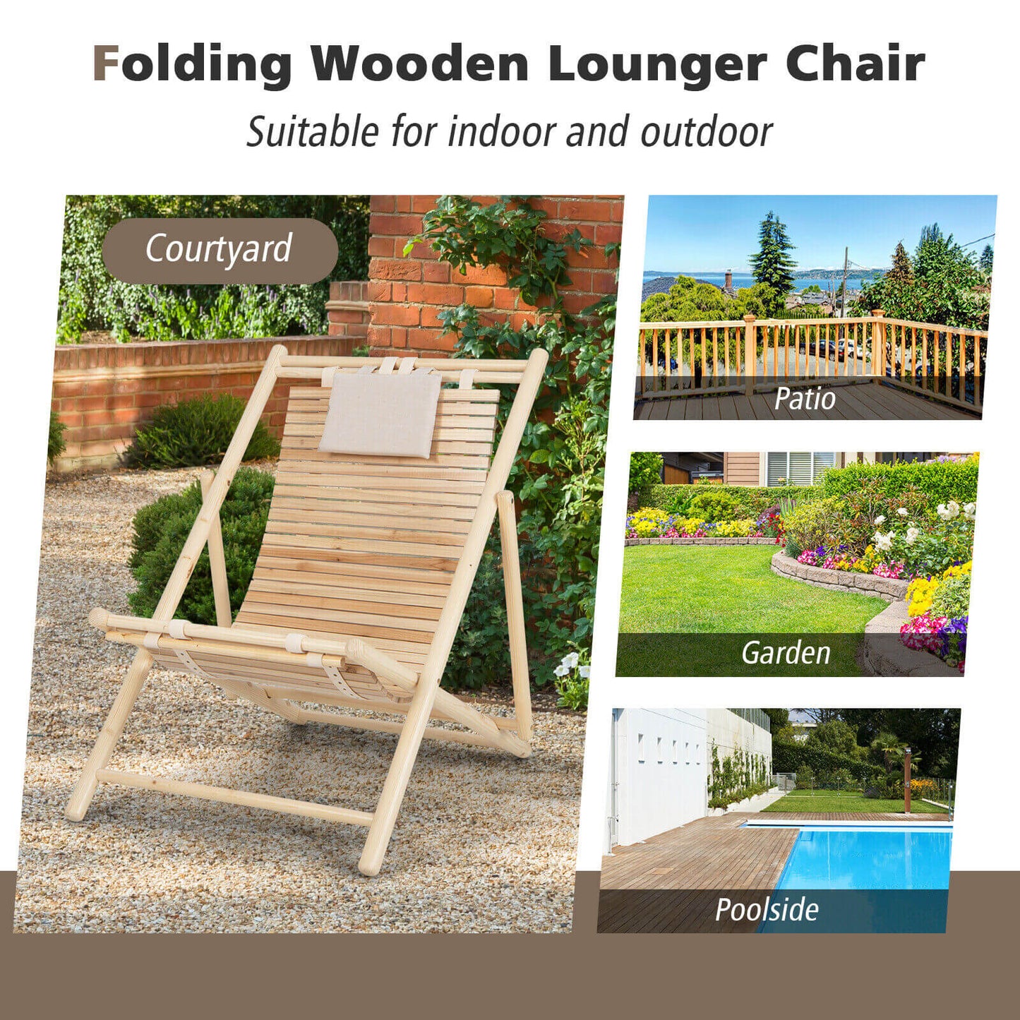 Solid Fir Wood Lounge Chair with 3-Level Adjustable Backrest and Soft Padded Headrest, Natural Outdoor Chaise Lounges at Gallery Canada