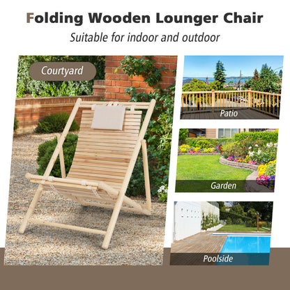 Solid Fir Wood Lounge Chair with 3-Level Adjustable Backrest and Soft Padded Headrest, Natural Outdoor Chaise Lounges at Gallery Canada