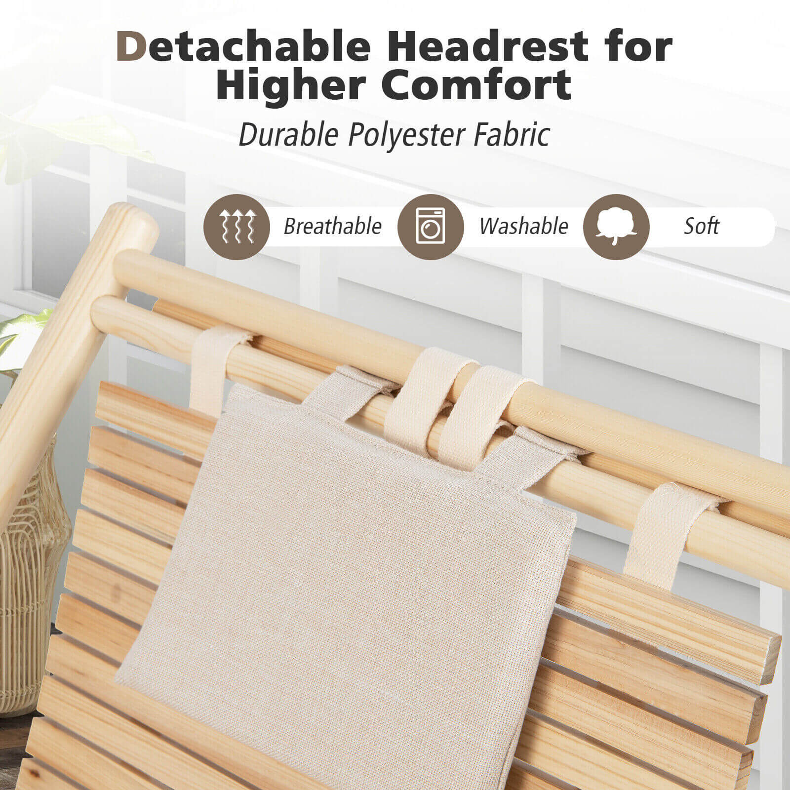 Solid Fir Wood Lounge Chair with 3-Level Adjustable Backrest and Soft Padded Headrest, Natural Outdoor Chaise Lounges at Gallery Canada