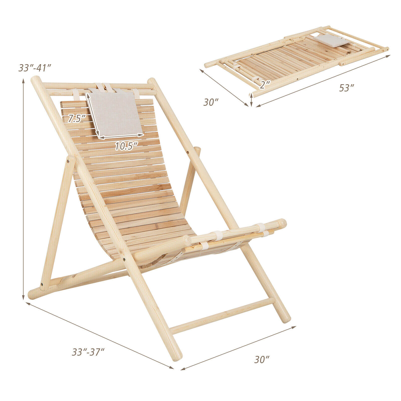 Solid Fir Wood Lounge Chair with 3-Level Adjustable Backrest and Soft Padded Headrest, Natural Outdoor Chaise Lounges at Gallery Canada