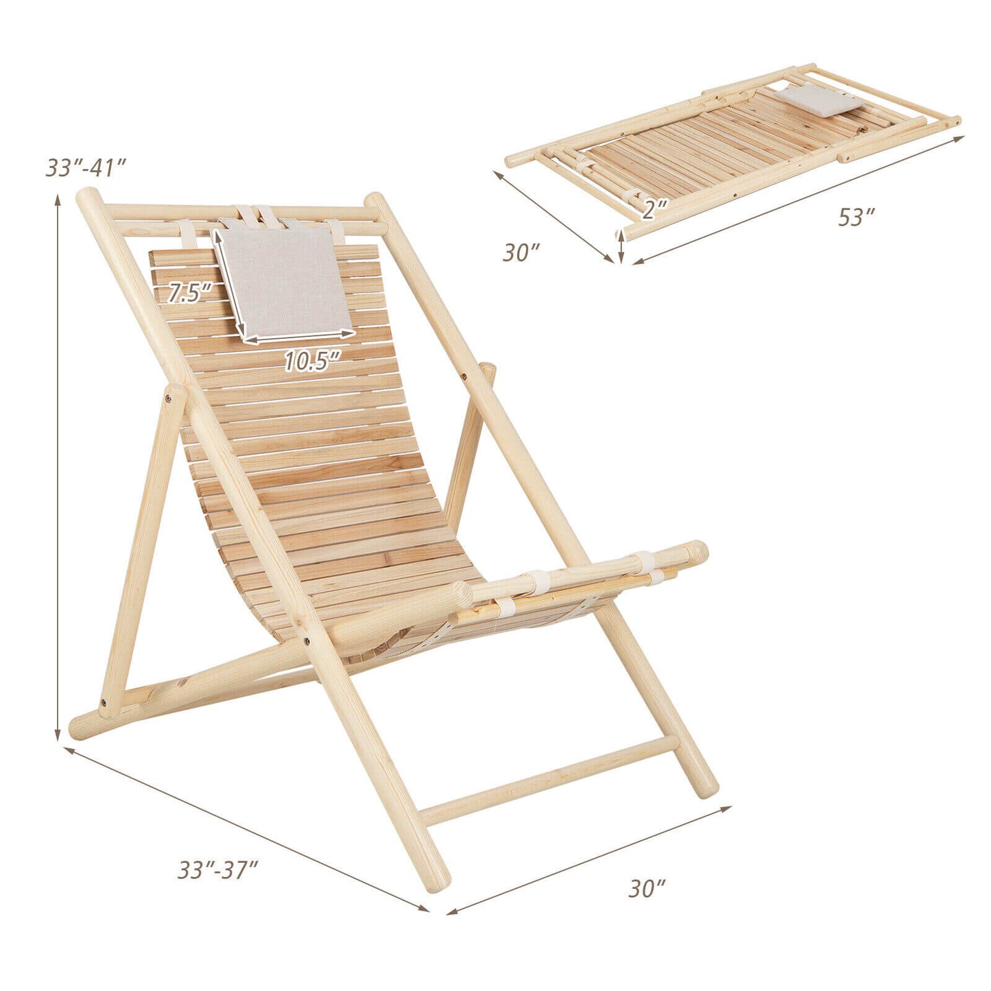 Solid Fir Wood Lounge Chair with 3-Level Adjustable Backrest and Soft Padded Headrest, Natural Outdoor Chaise Lounges at Gallery Canada