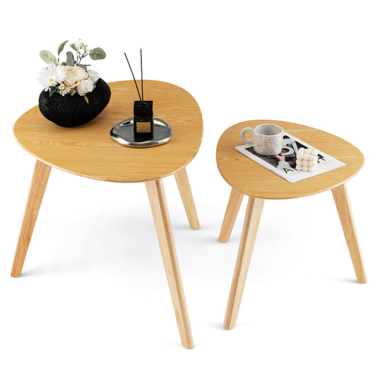 Set of 2 Triangle Modern Coffee Table Rubber Wood for Living Room, Natural - Gallery Canada