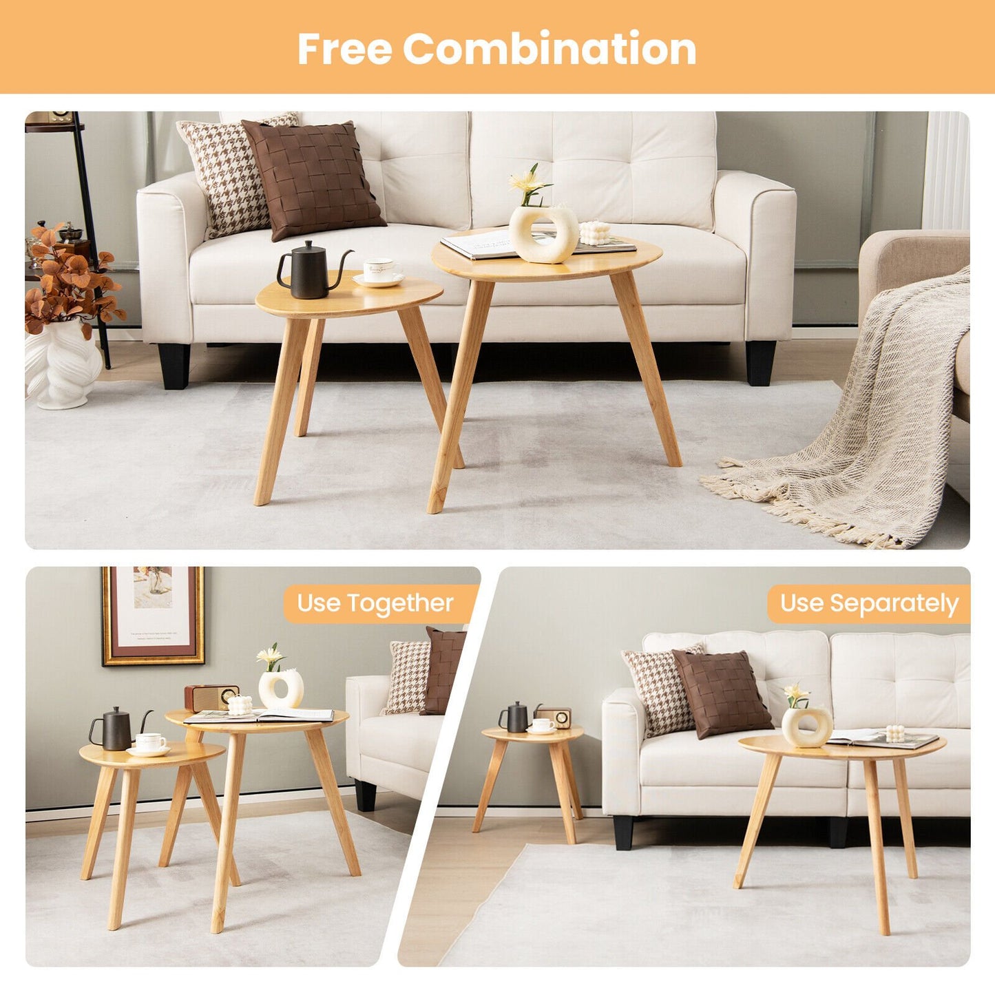 Set of 2 Triangle Modern Coffee Table Rubber Wood for Living Room, Natural