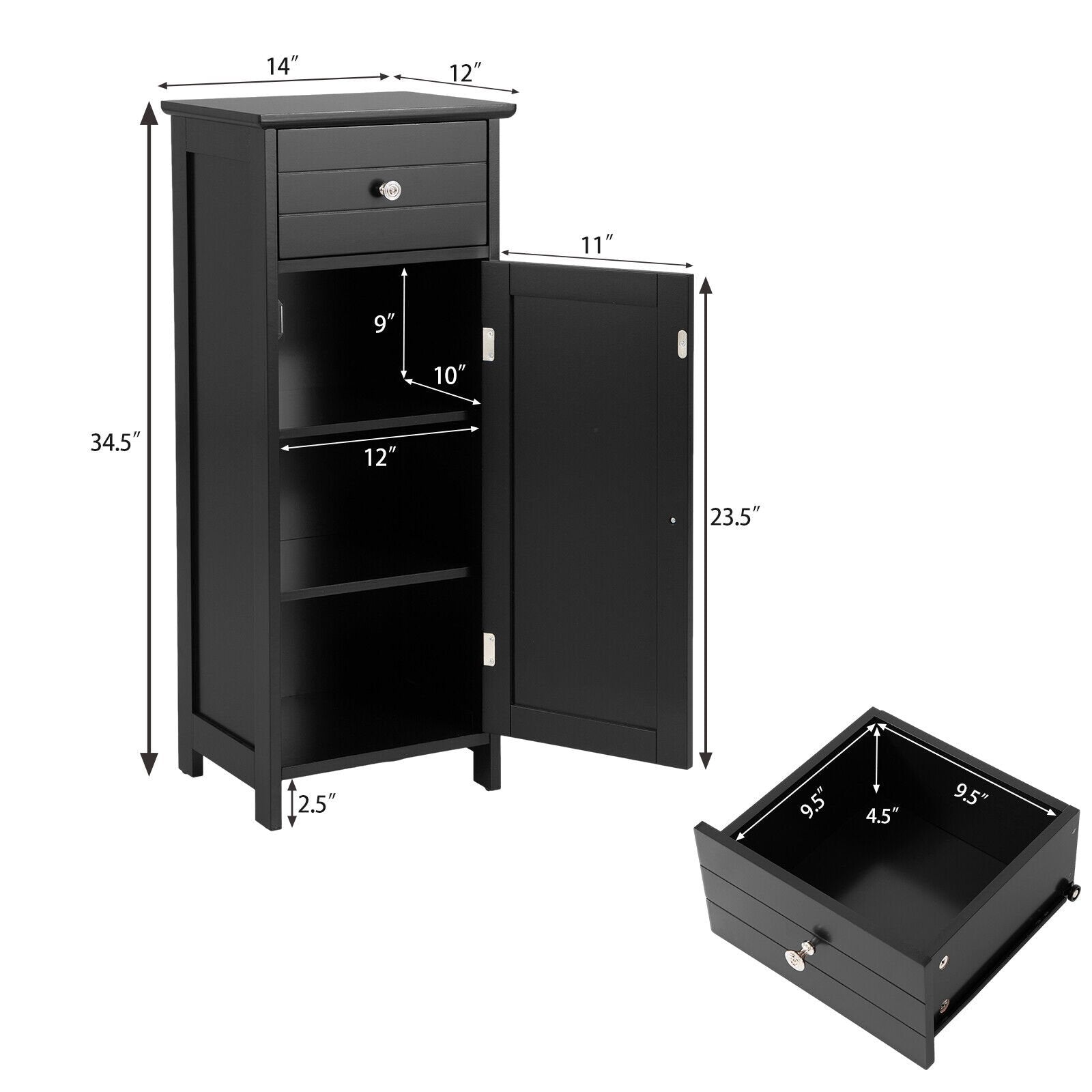 Wooden Bathroom Floor Storage Cabinet with Drawer and Shelf, Black - Gallery Canada