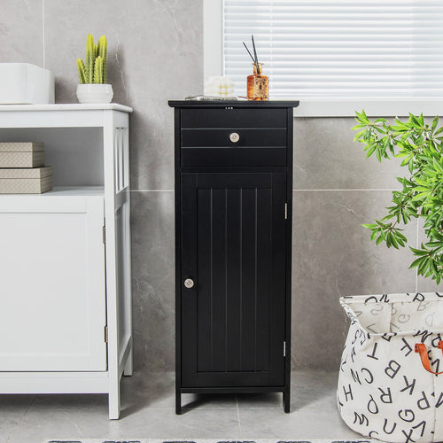 Wooden Bathroom Floor Storage Cabinet with Drawer and Shelf, Black