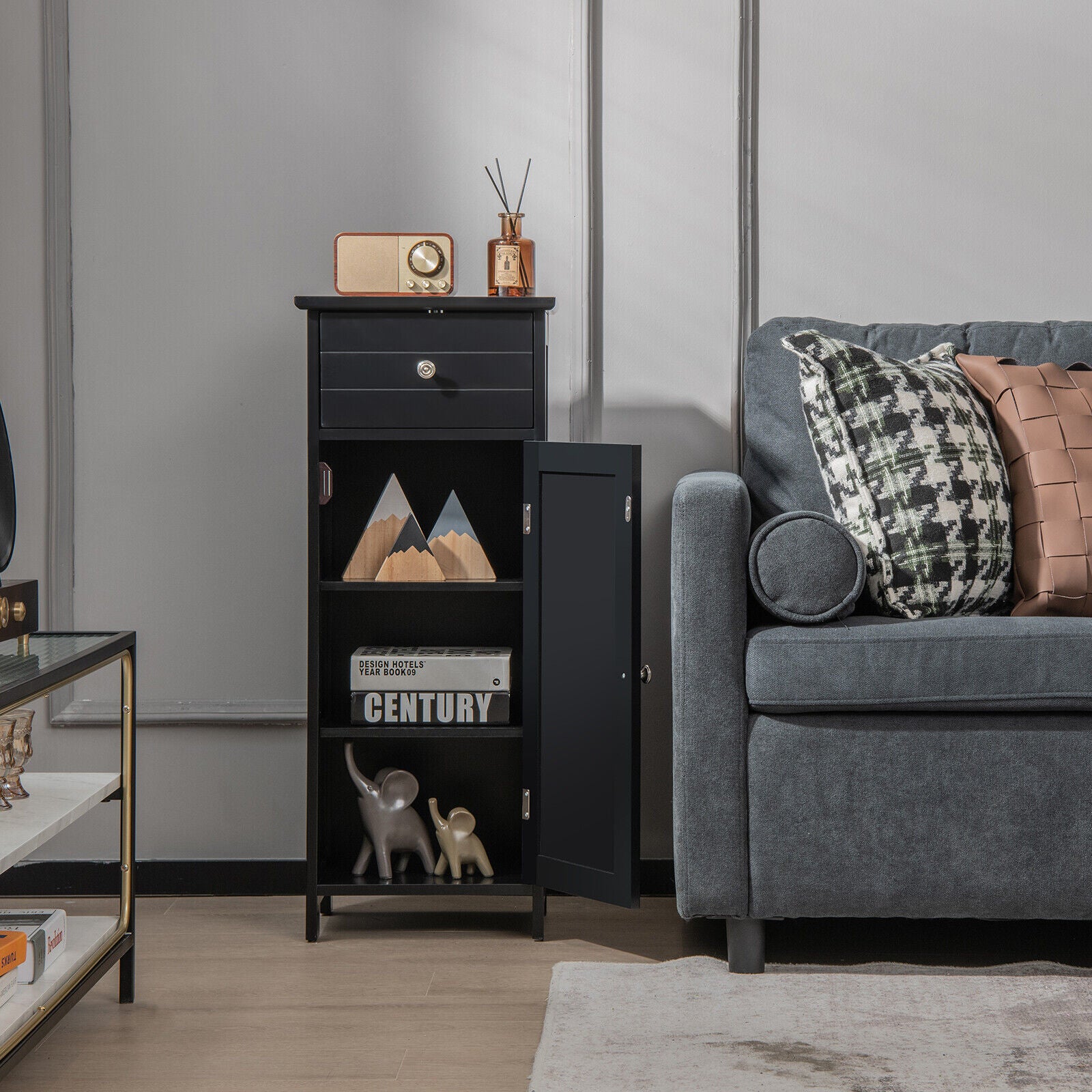 Wooden Bathroom Floor Storage Cabinet With Drawer And Shelf, Black Floor Cabinets at Gallery Canada