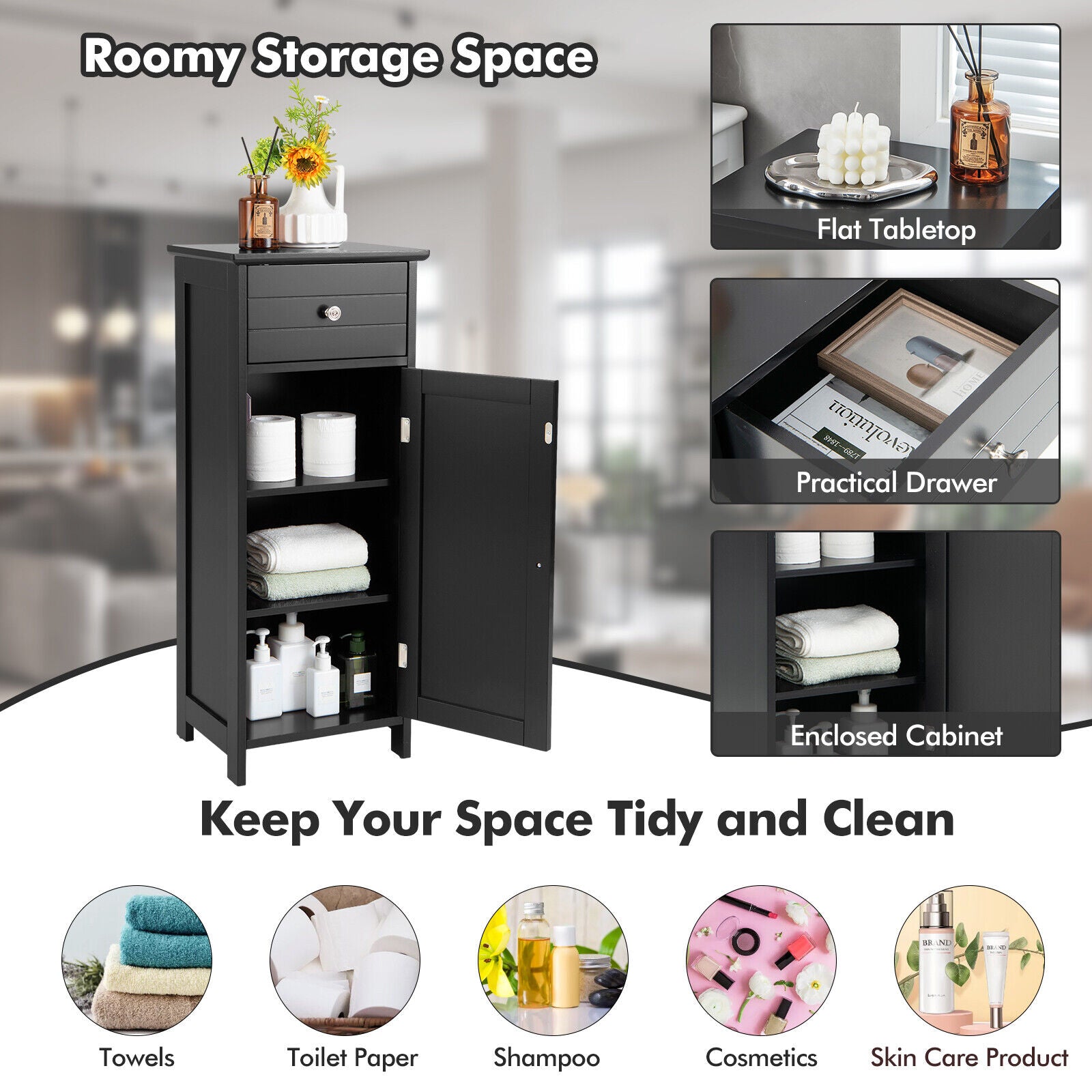 Wooden Bathroom Floor Storage Cabinet With Drawer And Shelf, Black Floor Cabinets at Gallery Canada
