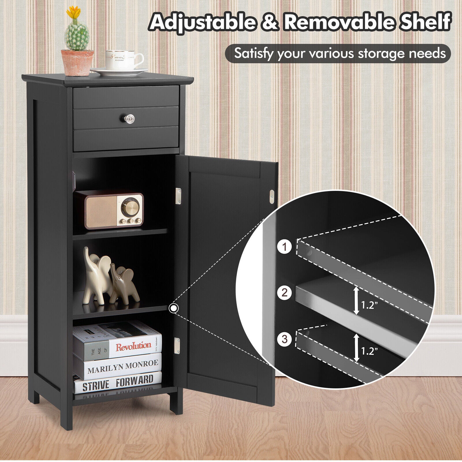 Wooden Bathroom Floor Storage Cabinet With Drawer And Shelf, Black Floor Cabinets at Gallery Canada