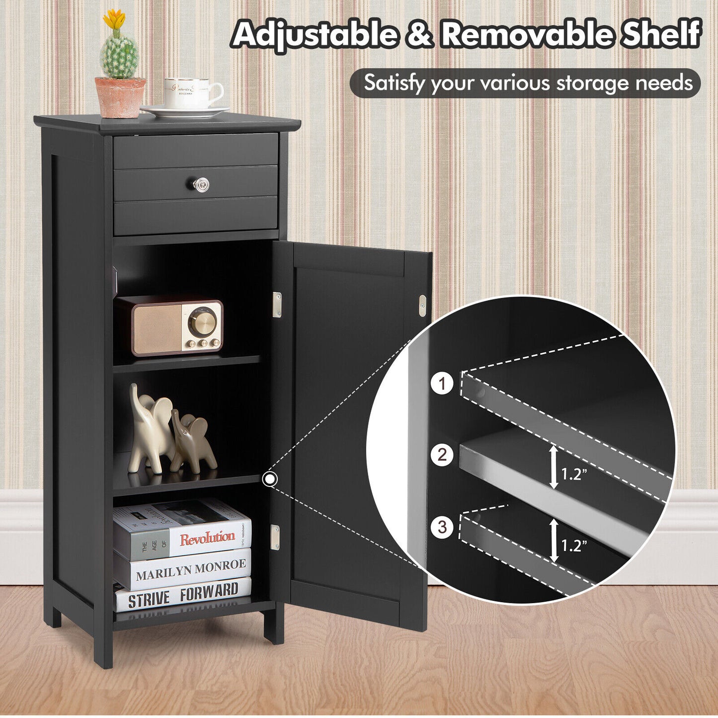Wooden Bathroom Floor Storage Cabinet With Drawer And Shelf, Black Floor Cabinets at Gallery Canada