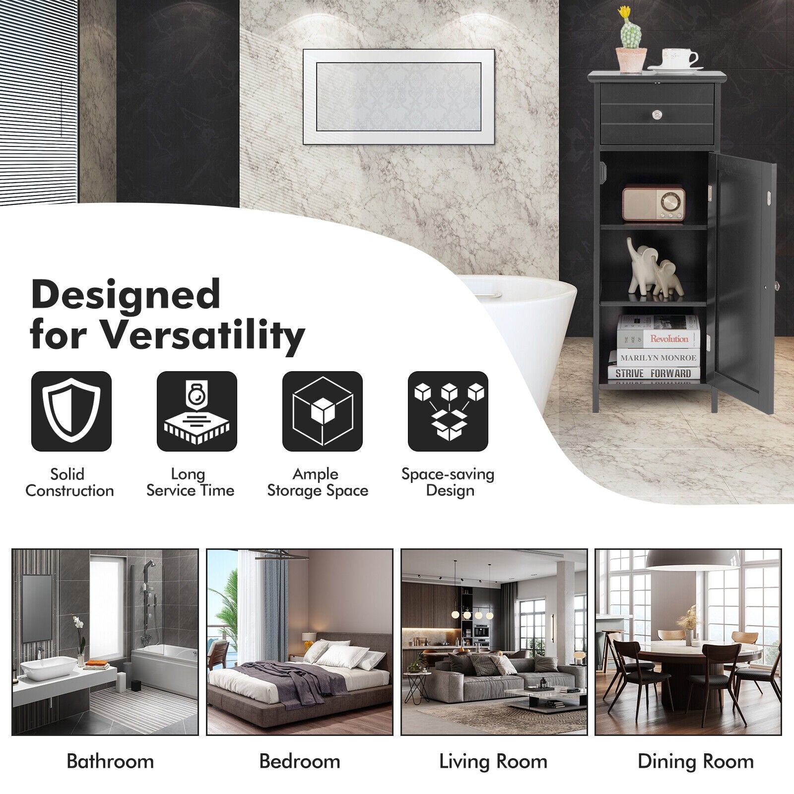 Wooden Bathroom Floor Storage Cabinet With Drawer And Shelf, Black Floor Cabinets at Gallery Canada