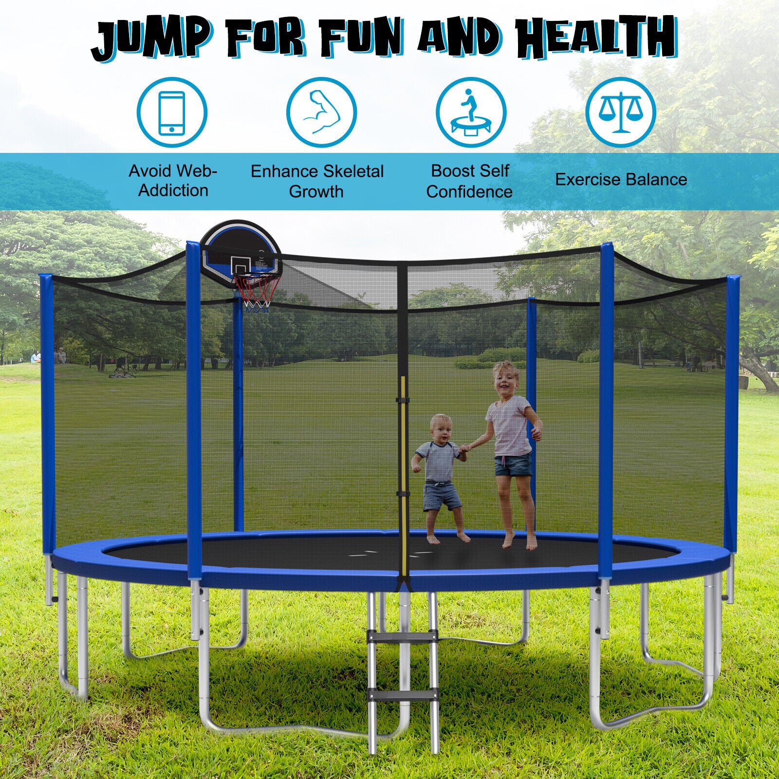 12/14/15/16 Feet Outdoor Recreational Trampoline with Enclosure Net-16 ft, Black Trampolines at Gallery Canada