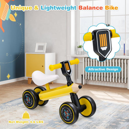 Baby Balance Bike with 4 Silent EVA Wheels and Limited Steering Wheels, Yellow