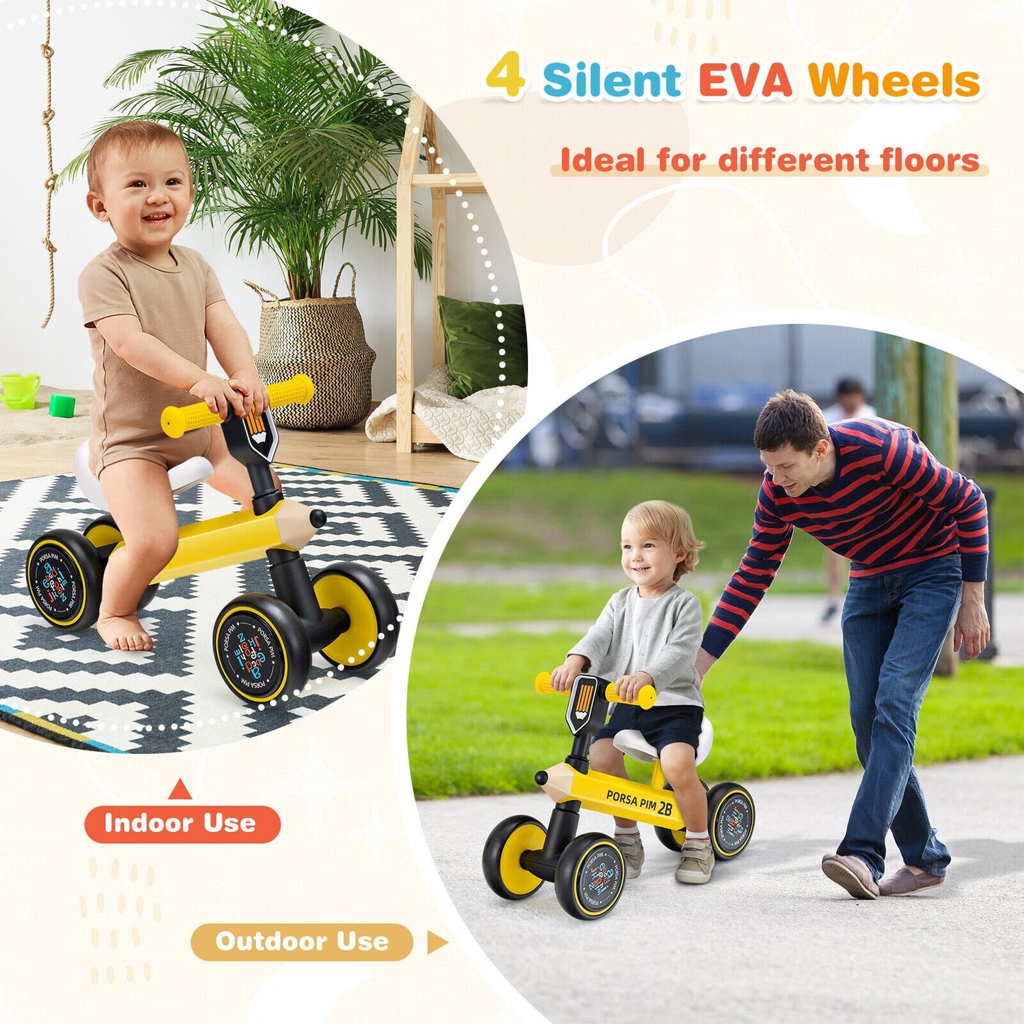 Baby Balance Bike with 4 Silent EVA Wheels and Limited Steering Wheels, Yellow