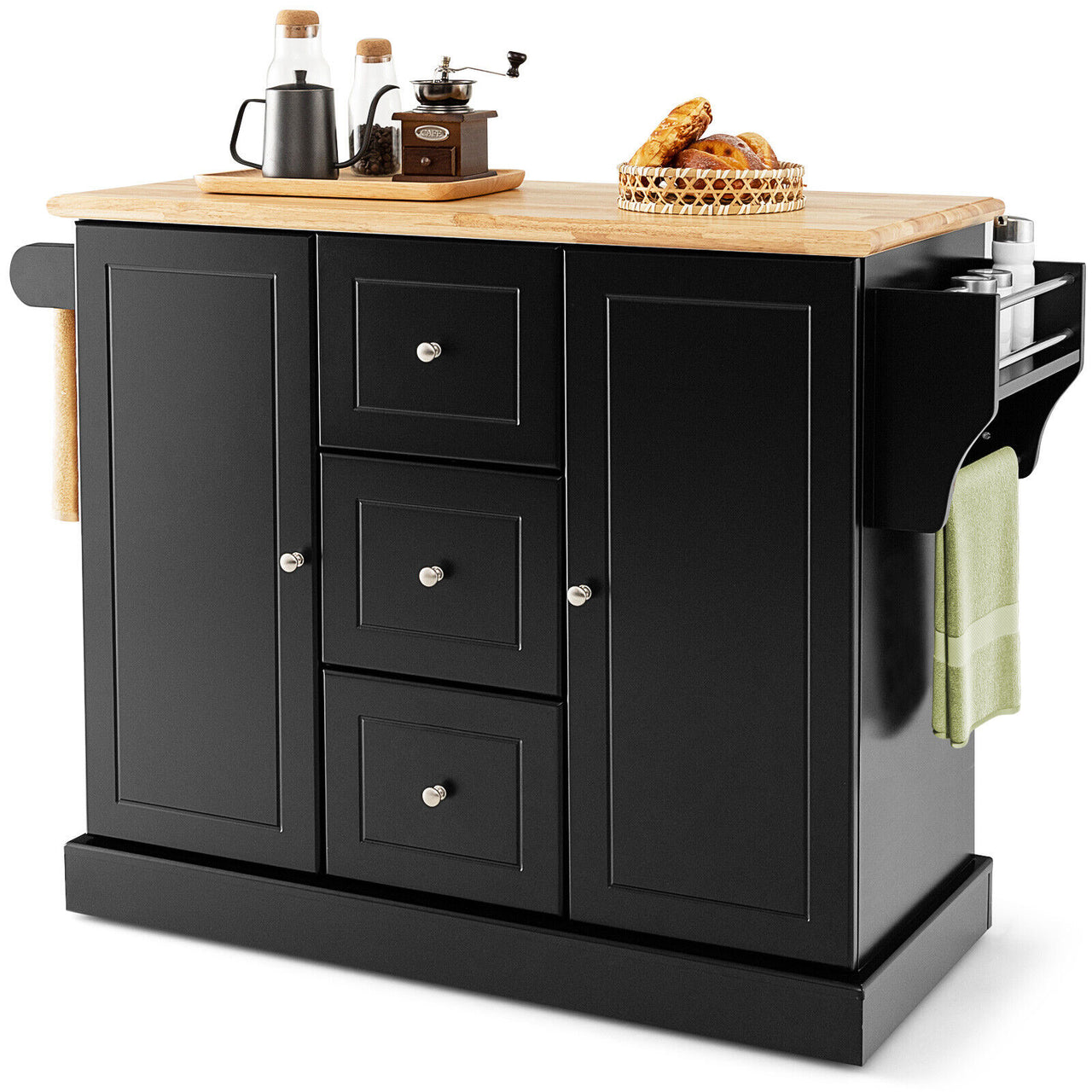 2-Door Large Mobile Kitchen Island Cart with Hidden Wheelsand 3 Drawers - Gallery View 4 of 11