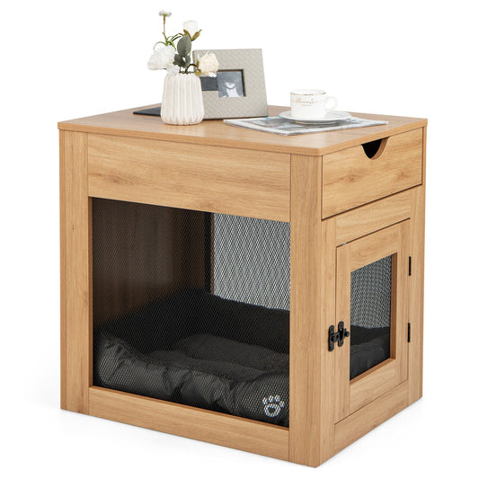Furniture Style Dog Kennel with Drawer and Removable Dog Bed, Natural
