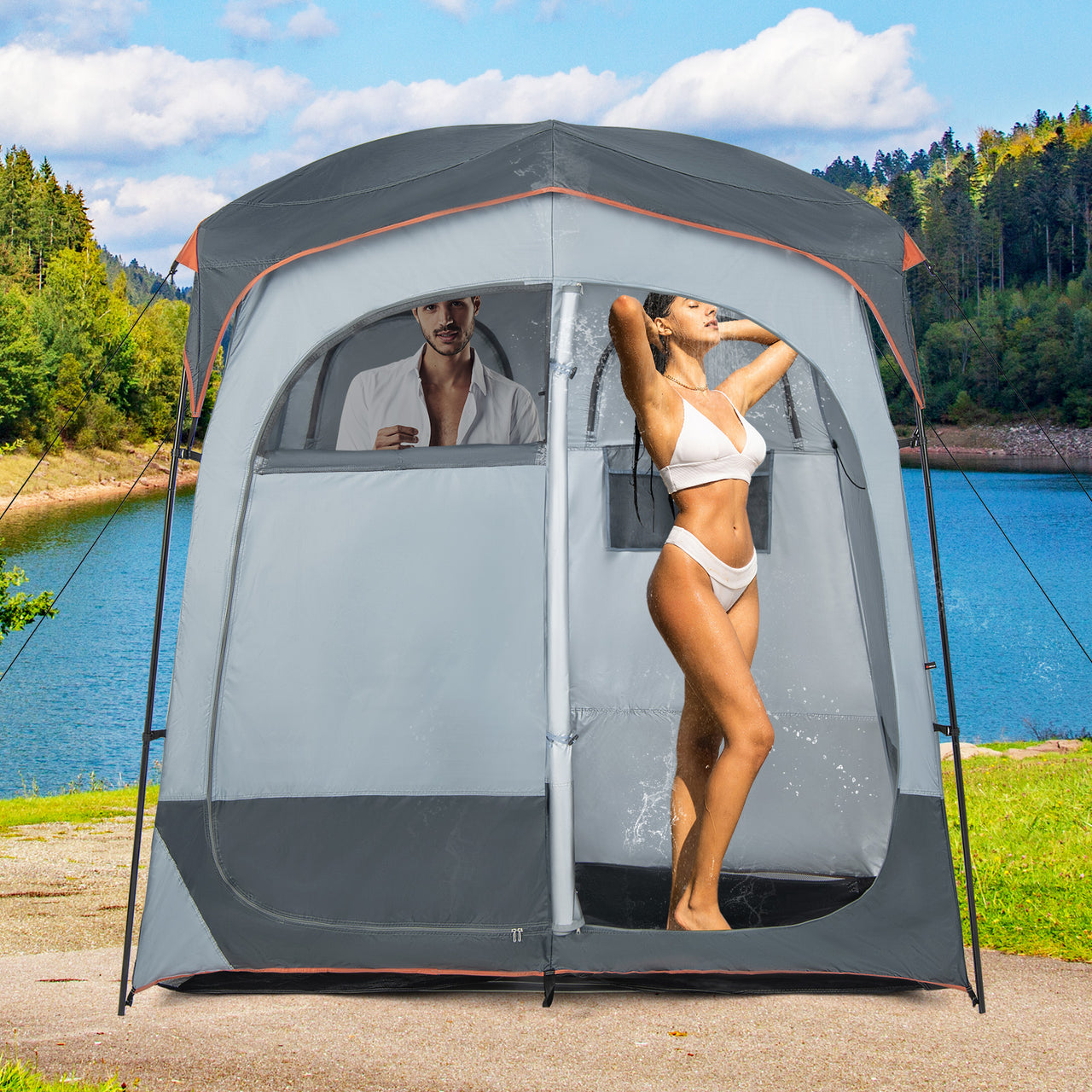 2 Rooms Oversize Privacy Shower Tent with Removable Rain Fly and Inside Pocket - Gallery View 2 of 10