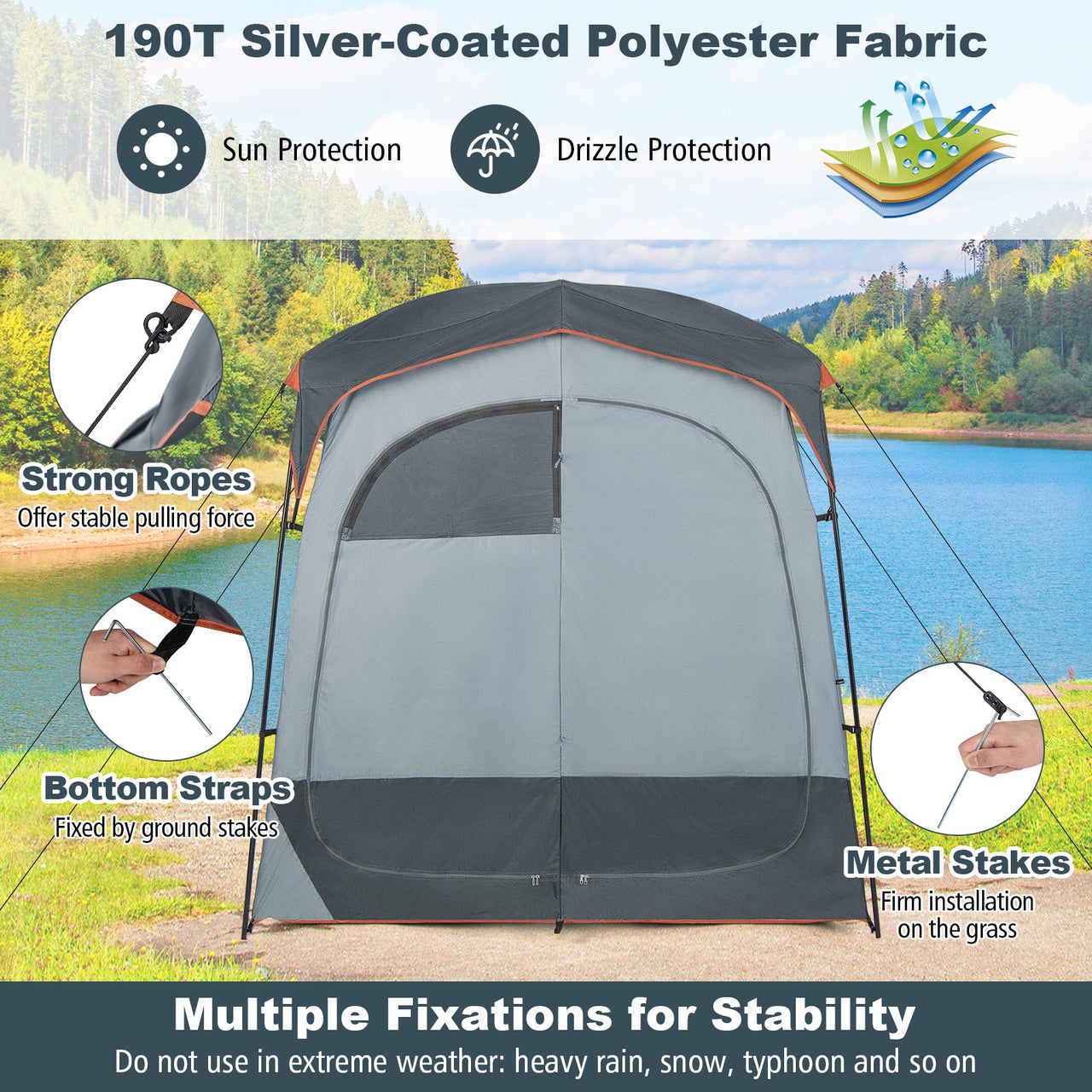 2 Rooms Oversize Privacy Shower Tent with Removable Rain Fly and Inside Pocket - Gallery View 3 of 10