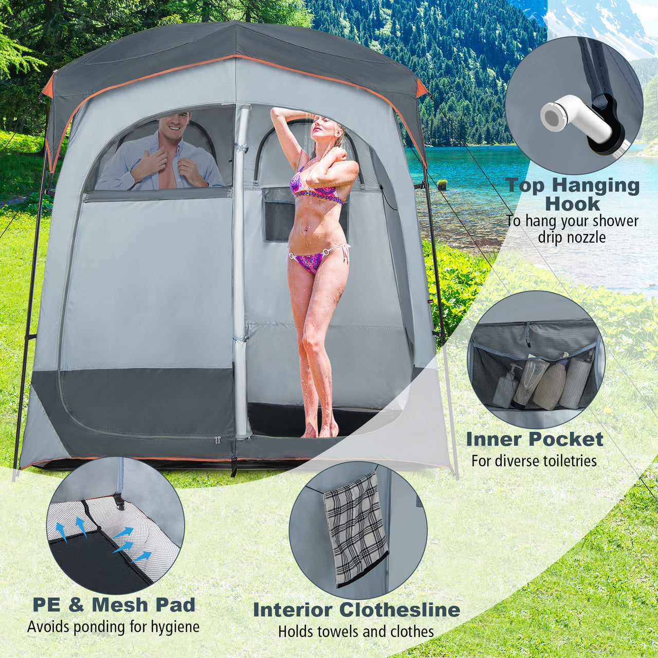 2 Rooms Oversize Privacy Shower Tent with Removable Rain Fly and Inside Pocket - Gallery View 9 of 10