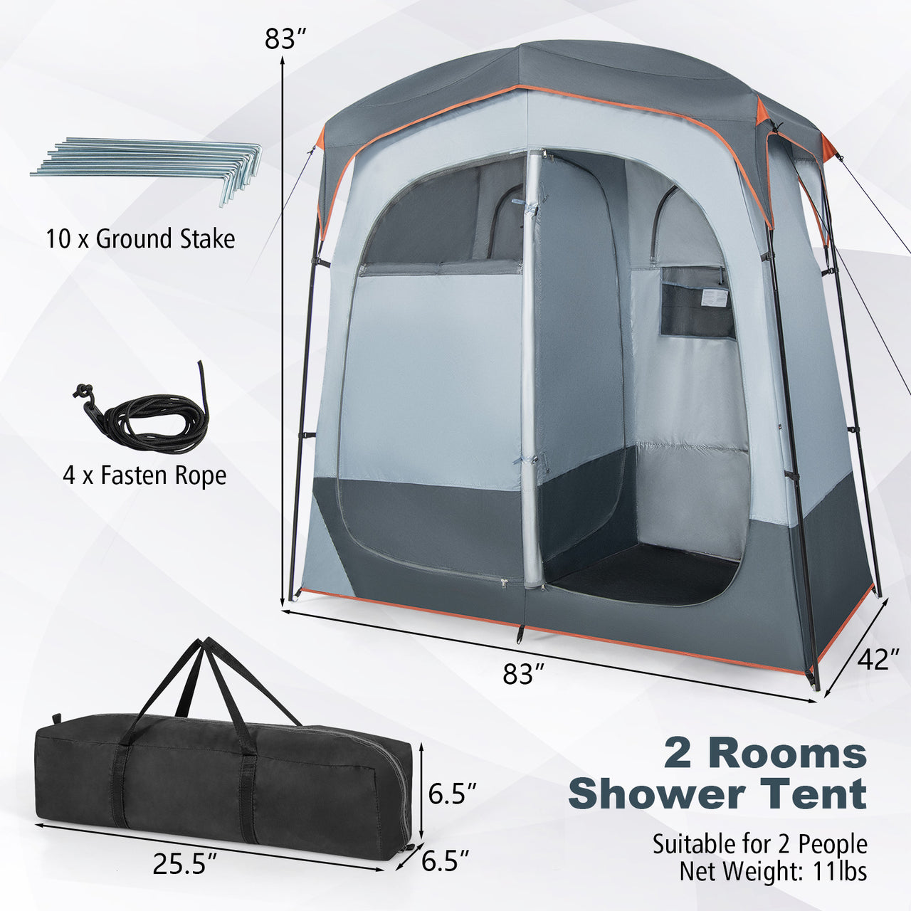 2 Rooms Oversize Privacy Shower Tent with Removable Rain Fly and Inside Pocket - Gallery View 4 of 10