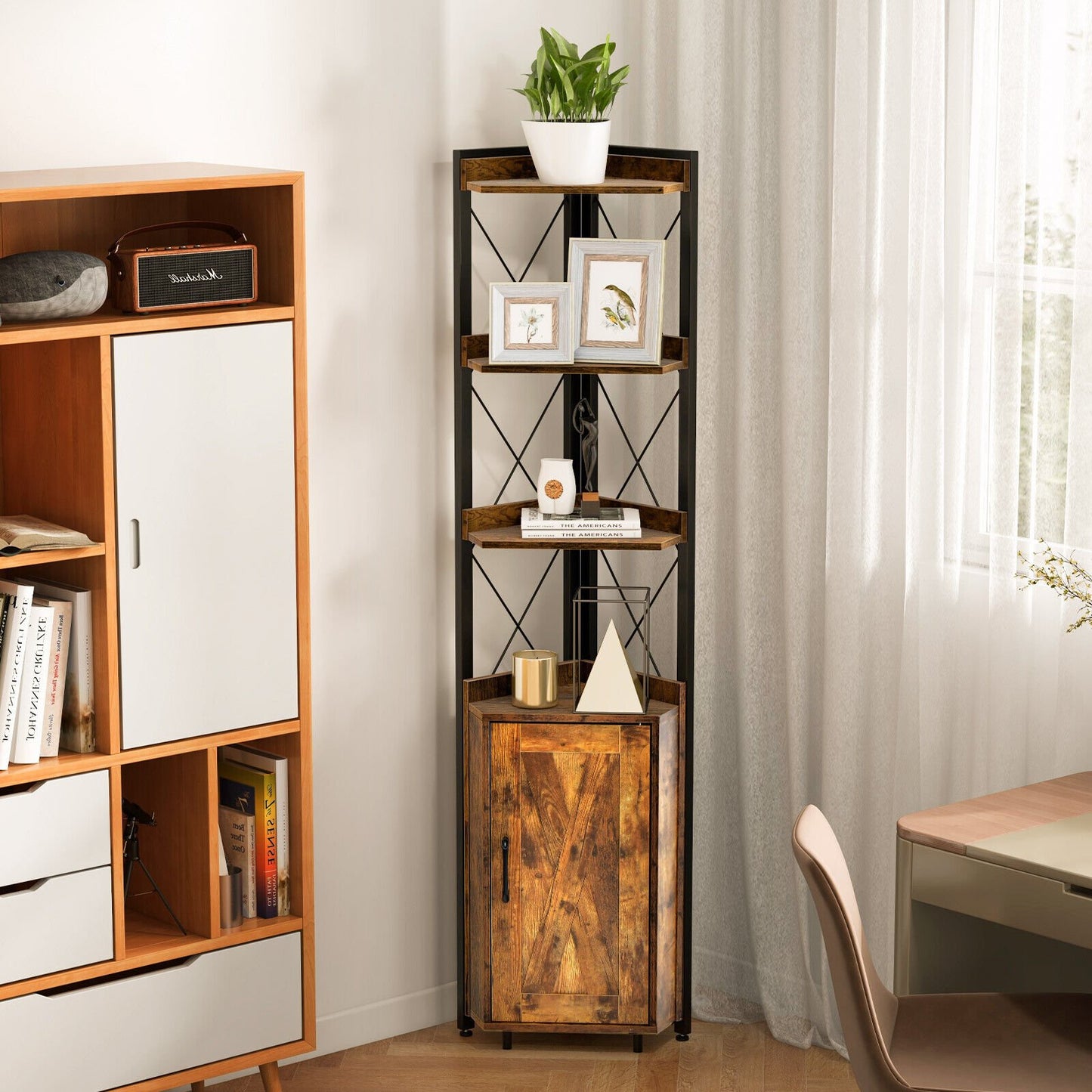 Tall Corner Storage Cabinet with 3-Tier Shelf and Enclosed Cabinet, Rustic Brown - Gallery Canada