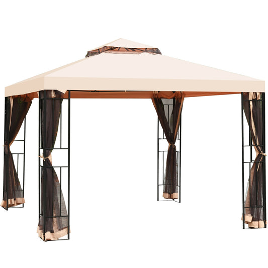 10 x 10 Feet 2-Tier Vented Metal Canopy With Mosquito Netting, Beige Gazebos Beige at Gallery Canada