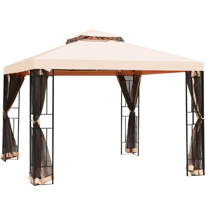 10 x 10 Feet 2-Tier Vented Metal Canopy With Mosquito Netting, Beige