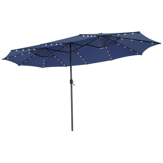 15 Feet Twin Patio Umbrella with 48 Solar LED Lights, Navy - Gallery Canada