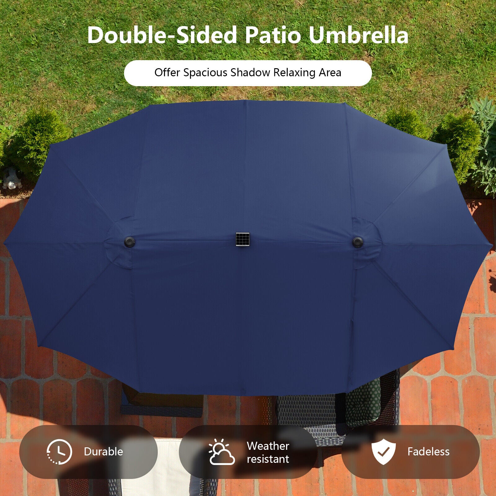 15 Feet Twin Patio Umbrella with 48 Solar LED Lights, Navy Outdoor Umbrellas at Gallery Canada
