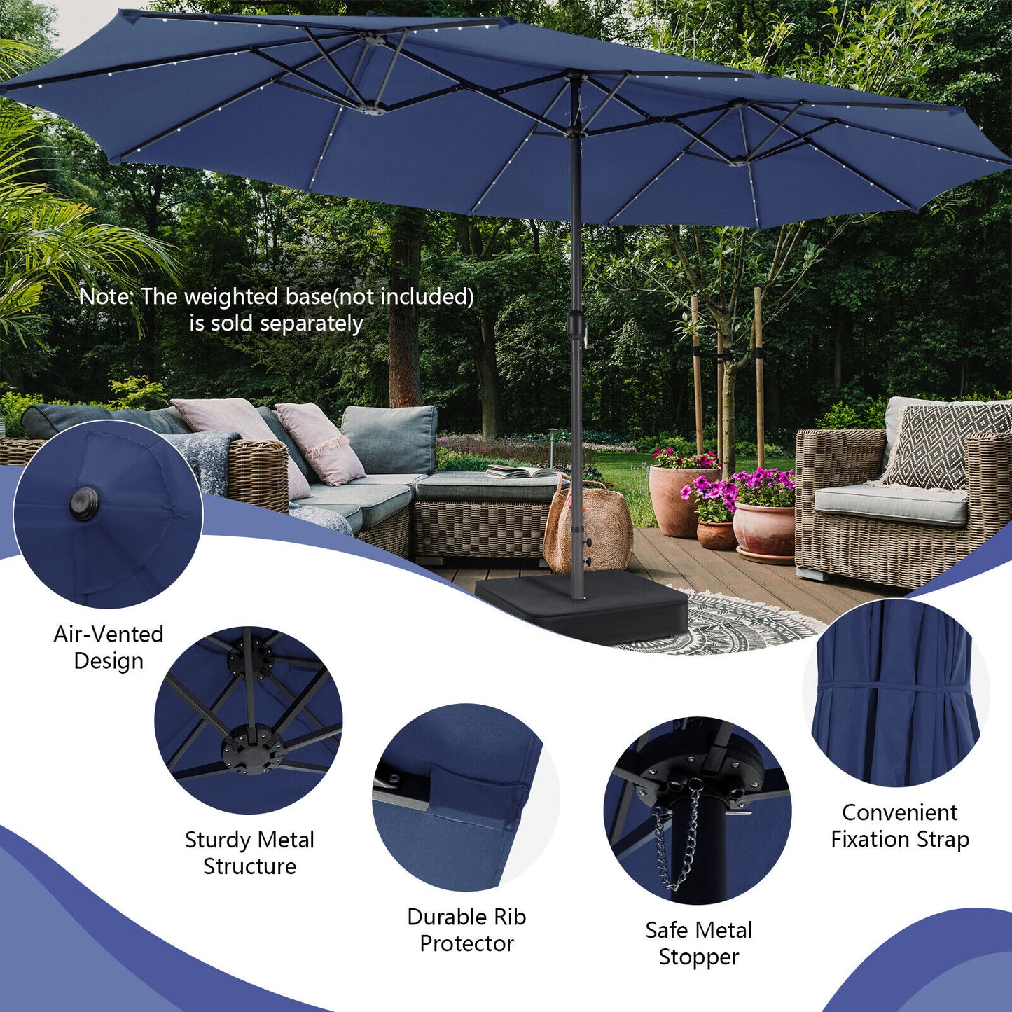 15 Feet Twin Patio Umbrella with 48 Solar LED Lights, Navy Outdoor Umbrellas at Gallery Canada