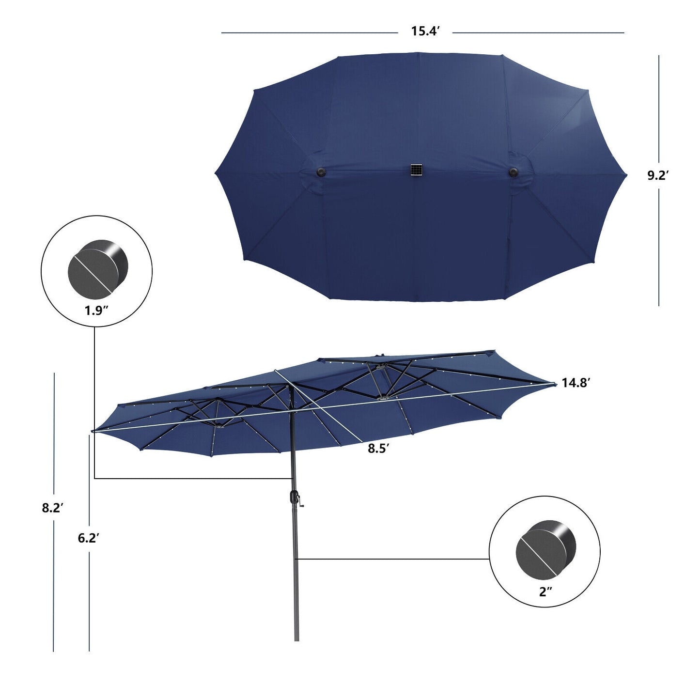 15 Feet Twin Patio Umbrella with 48 Solar LED Lights, Navy Outdoor Umbrellas at Gallery Canada