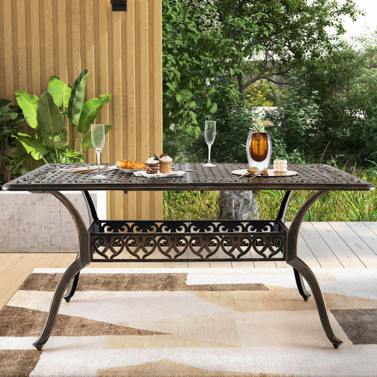 59 Inch Aluminum Patio Dining Table with Umbrella Hole fot 6 Persons, Bronze - Gallery Canada