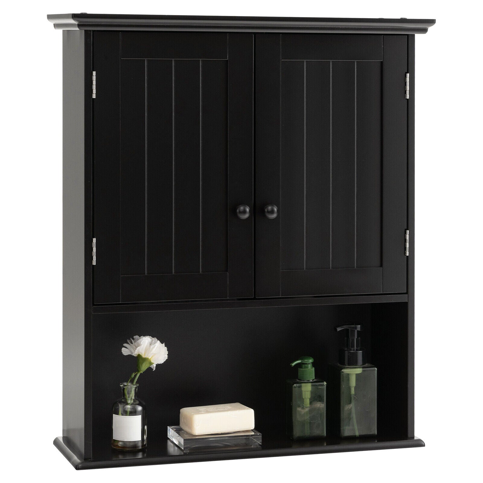 2-Door Wall Mount Bathroom Storage Cabinet with Open Shelf, Black Wall Cabinets Black at Gallery Canada