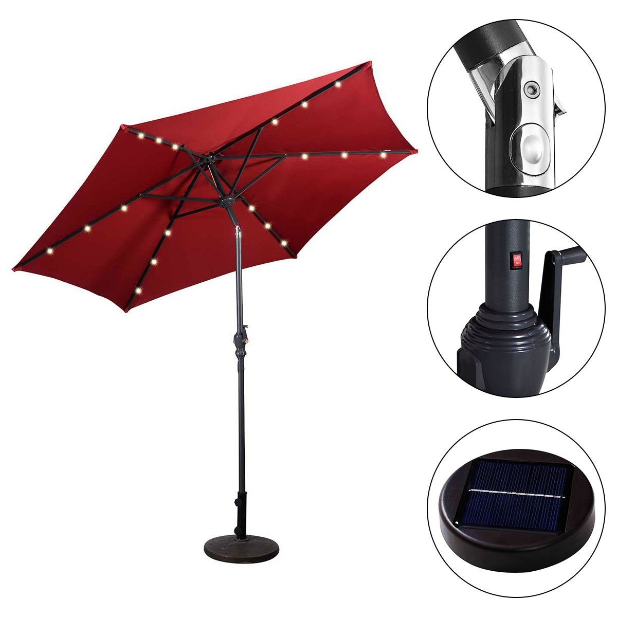 9' Solar LED Lighted Patio Market Umbrella Tilt Adjustment Crank Lift , Dark Red - Gallery Canada