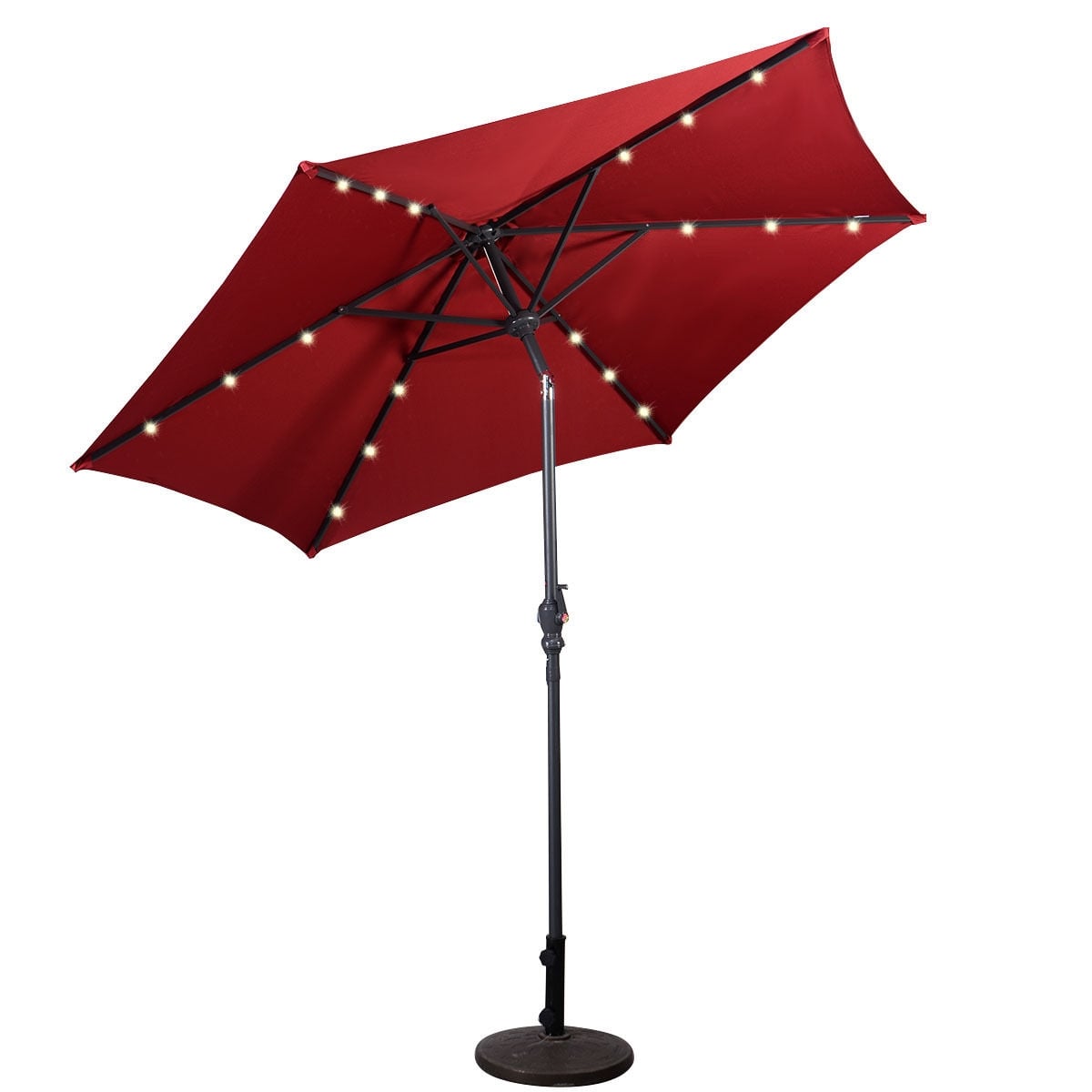 9' Solar LED Patio Market Umbrella, Tilt Crank Lift, Dark Red Outdoor Umbrellas at Gallery Canada