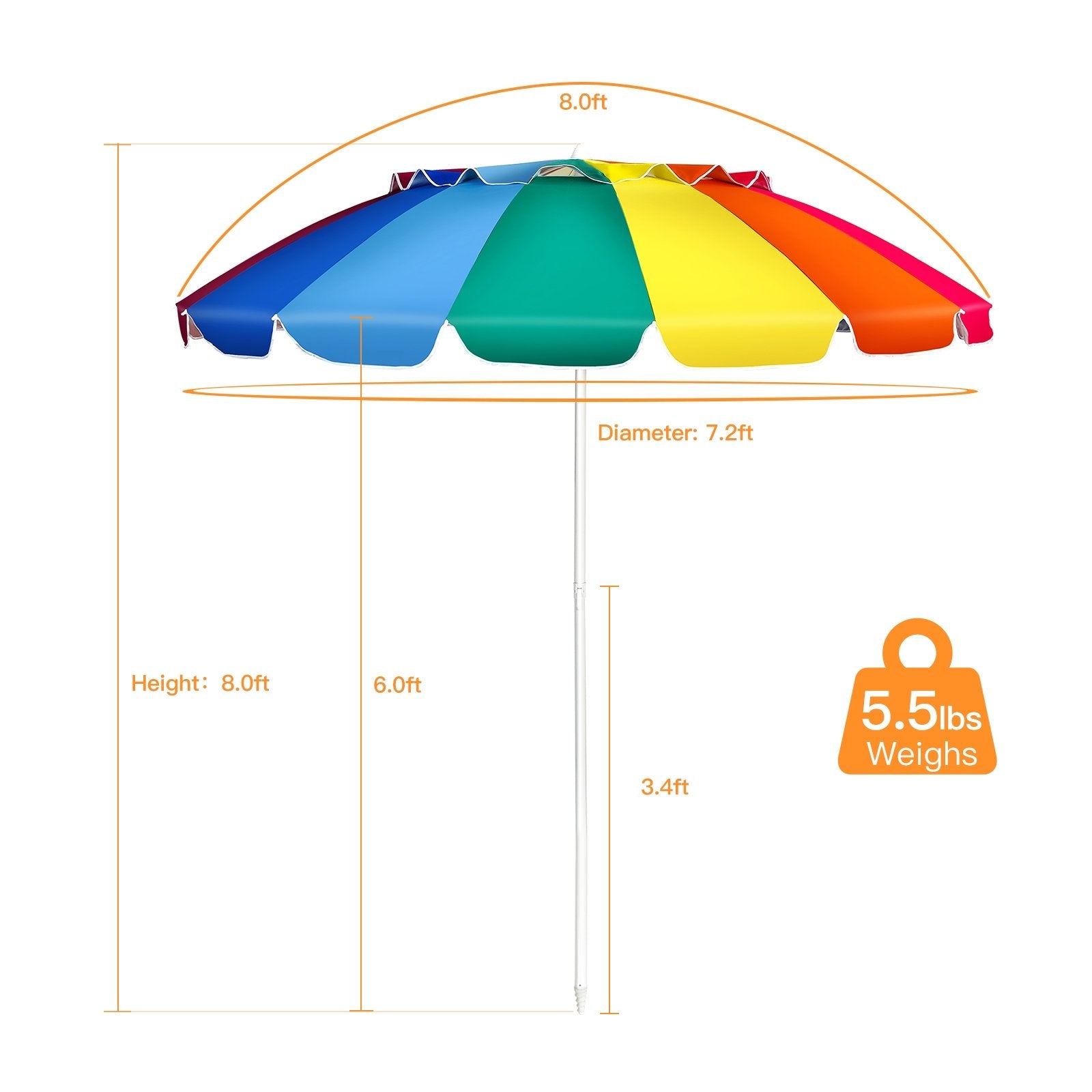 8FT Portable Beach Umbrella with Sand Anchor and Tilt Mechanism for Garden and Patio, Multicolor - Gallery Canada