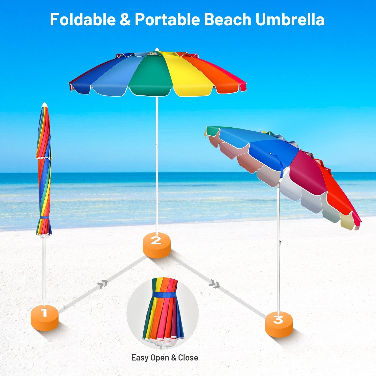 8FT Portable Beach Umbrella with Sand Anchor and Tilt Mechanism for Garden and Patio, Multicolor - Gallery Canada