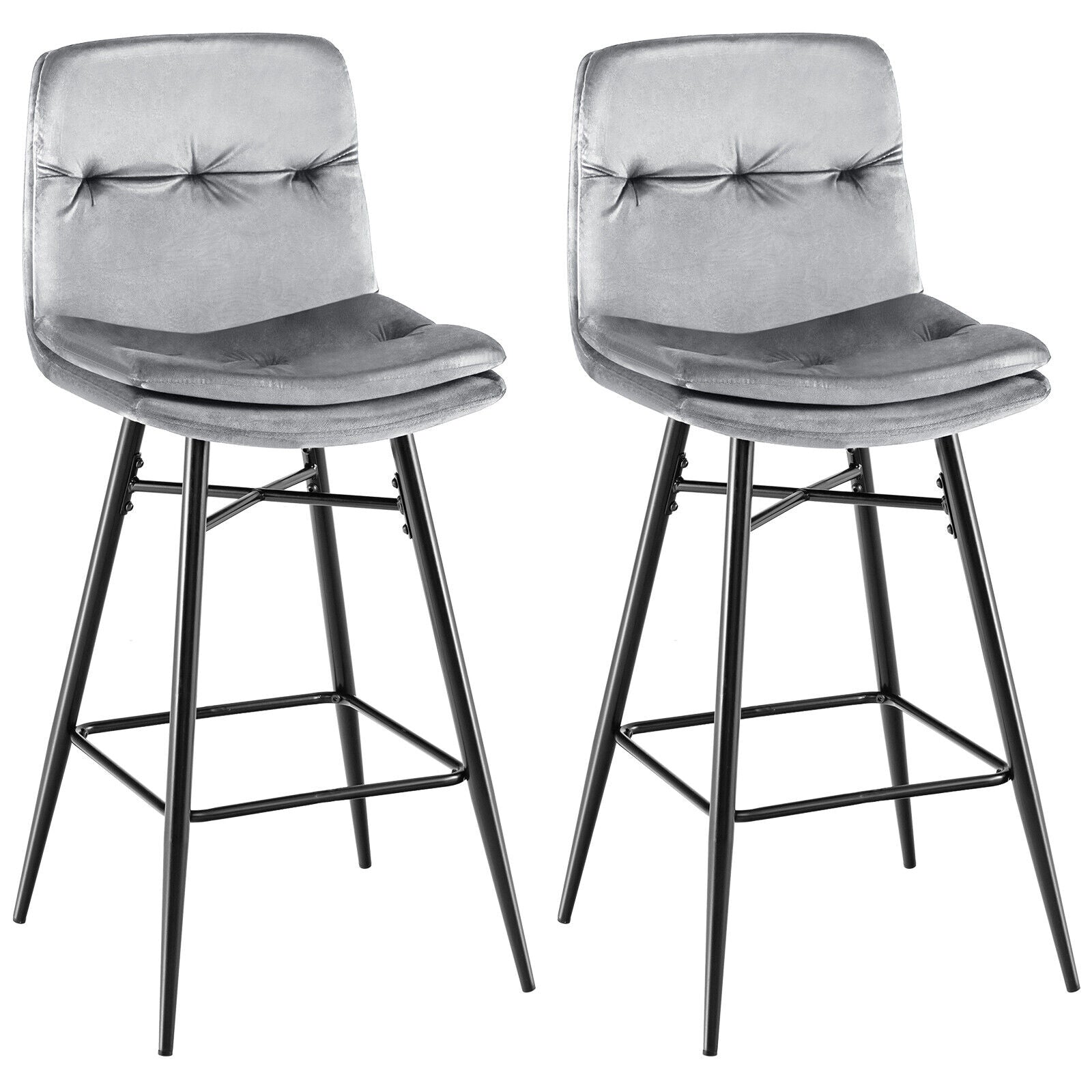 2 Velvet Bar Stools, 29 Inch, Tufted Back, Footrests, Gray Bar Stools Gray at Gallery Canada